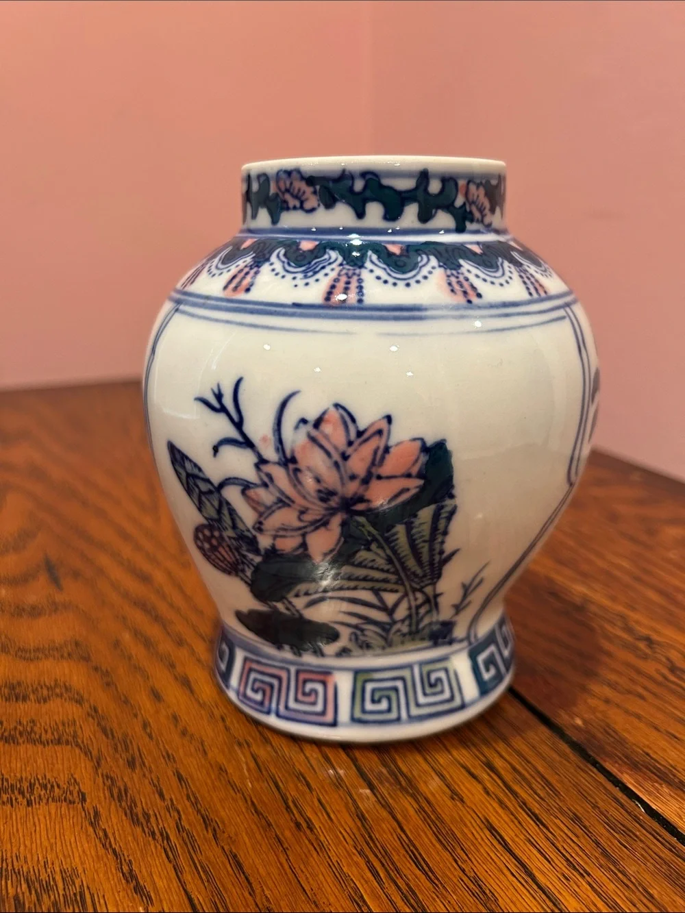 Hand-Painted Ceramic Vase - Blue and Pink Floral Design